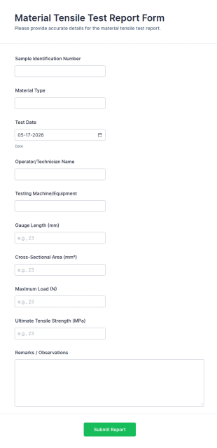 Material Tensile Test Report Form Template
