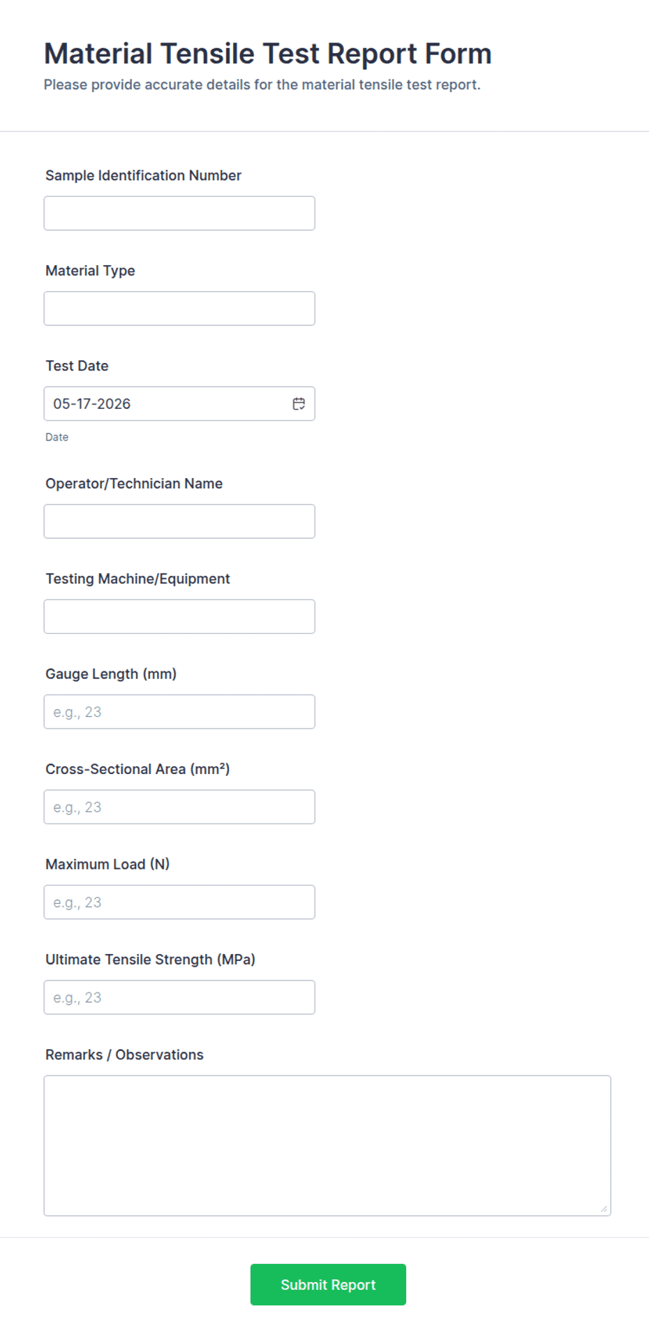 Material Tensile Test Report Form Template | Jotform