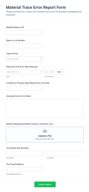 Material Trace Error Report Form Template