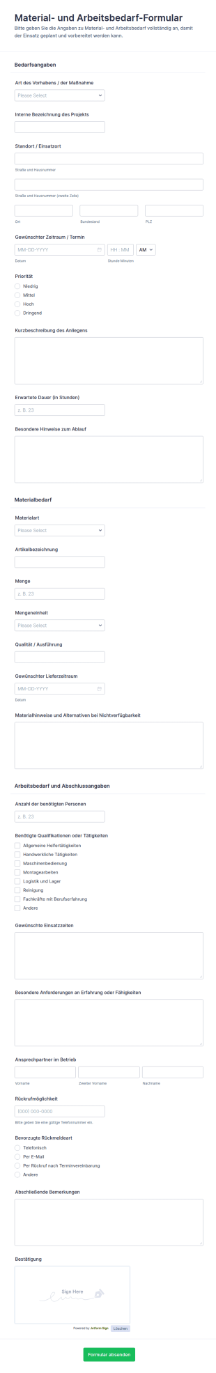 Material Und Arbeitsleistungs Eingabeformular