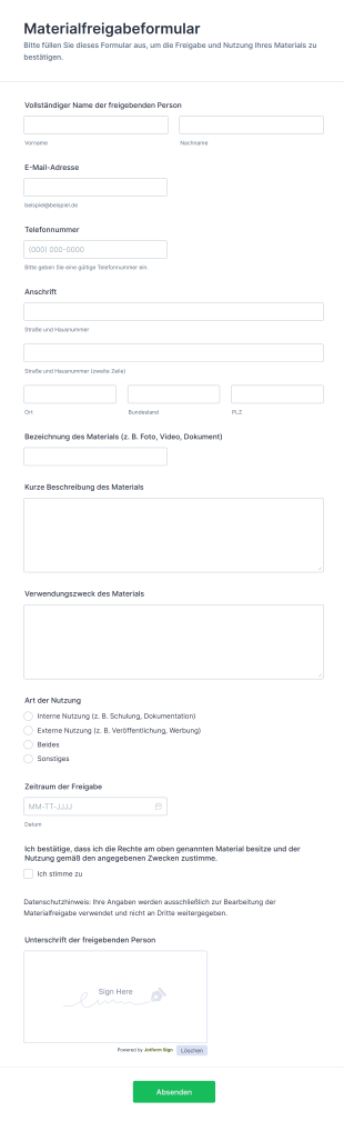 Materialfreigabeformular