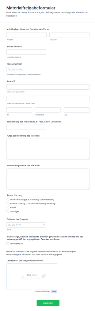 Materialfreigabeformular