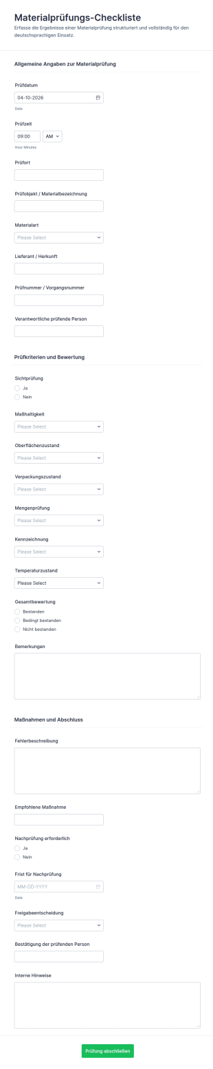 Materialprüfungs Checkliste Formular 📋