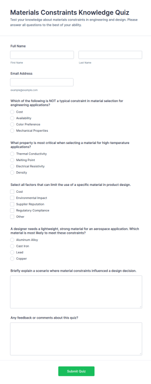 Materials Constraints Knowledge Quiz Form Template