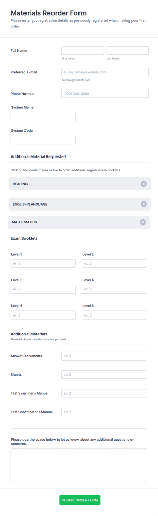 Materials Reorder Form Template