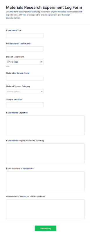 Materials Research Experiment Log Form Template