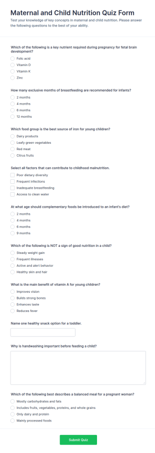 Maternal And Child Nutrition Quiz Form Template