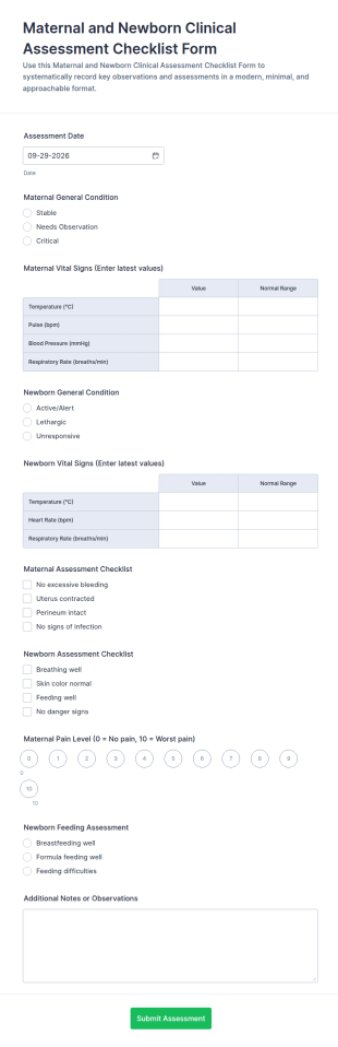 Maternal And Newborn Clinical Assessment Checklist Form Template