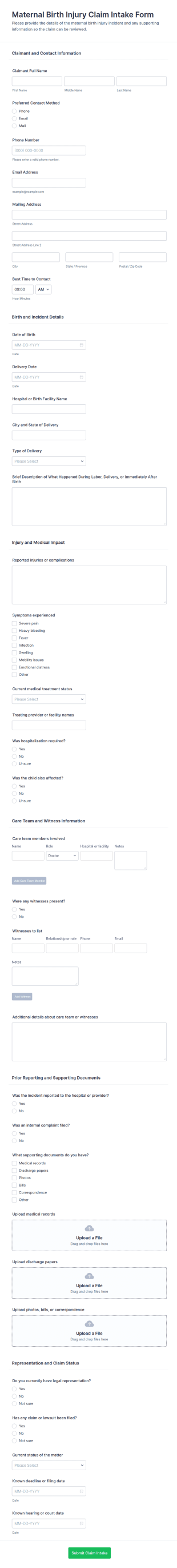 Maternal Birth Injury Claim Intake Form Template