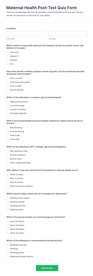 Maternal Health Post Test Quiz Form Template