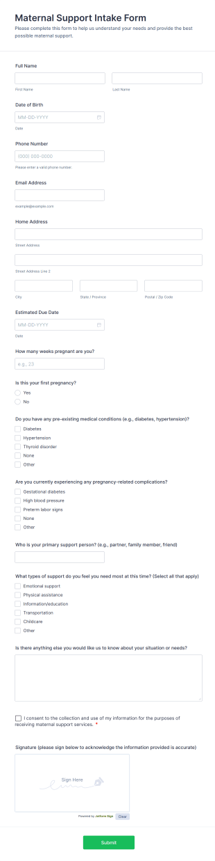 Maternal Support Intake Form Template