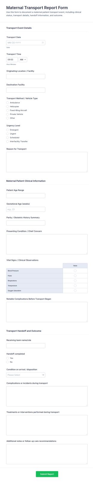 Maternal Transport Report Form Template