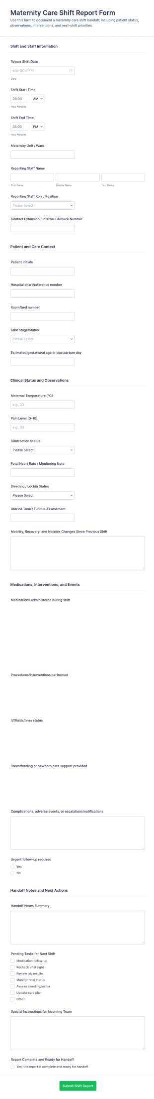 Maternity Care Shift Report Form Template