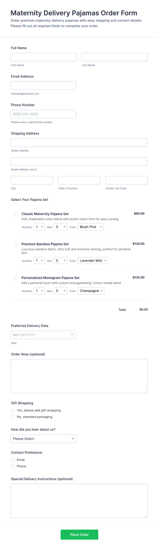 Maternity Delivery Pajamas Order Form Template