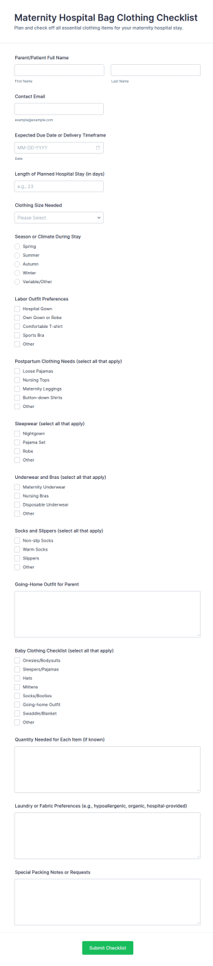 Maternity Hospital Bag Clothing Checklist Form Template