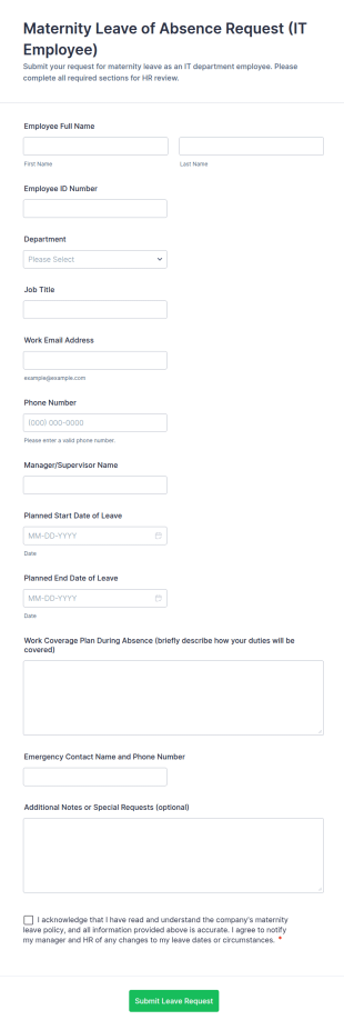 Maternity Leave Of Absence Request (IT Employee) Form Template