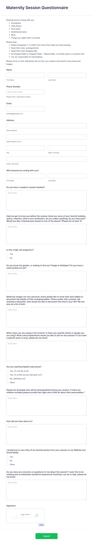 Maternity Session Questionnaire Form Template
