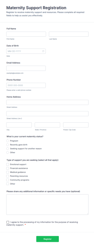 Maternity Support Registration Form Template
