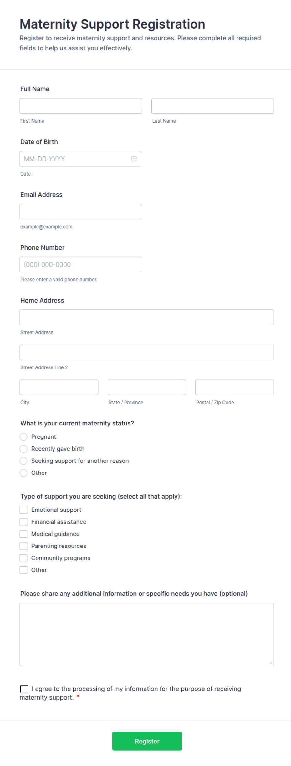 Maternity Intake Form Maternity Support Registration Form Template | Jotform