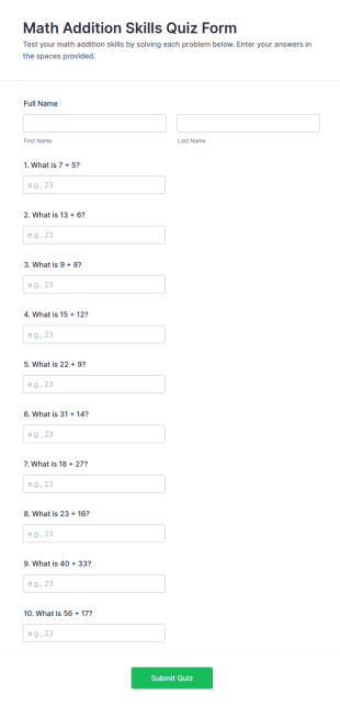 Math Addition Skills Quiz Form Template
