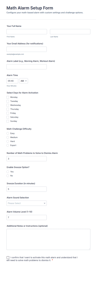 Math Alarm Setup Form Template