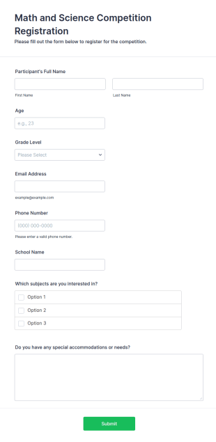 Math And Science Competition Registration Form Template