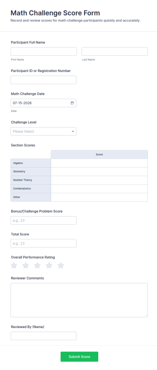 Math Challenge Score Form Template