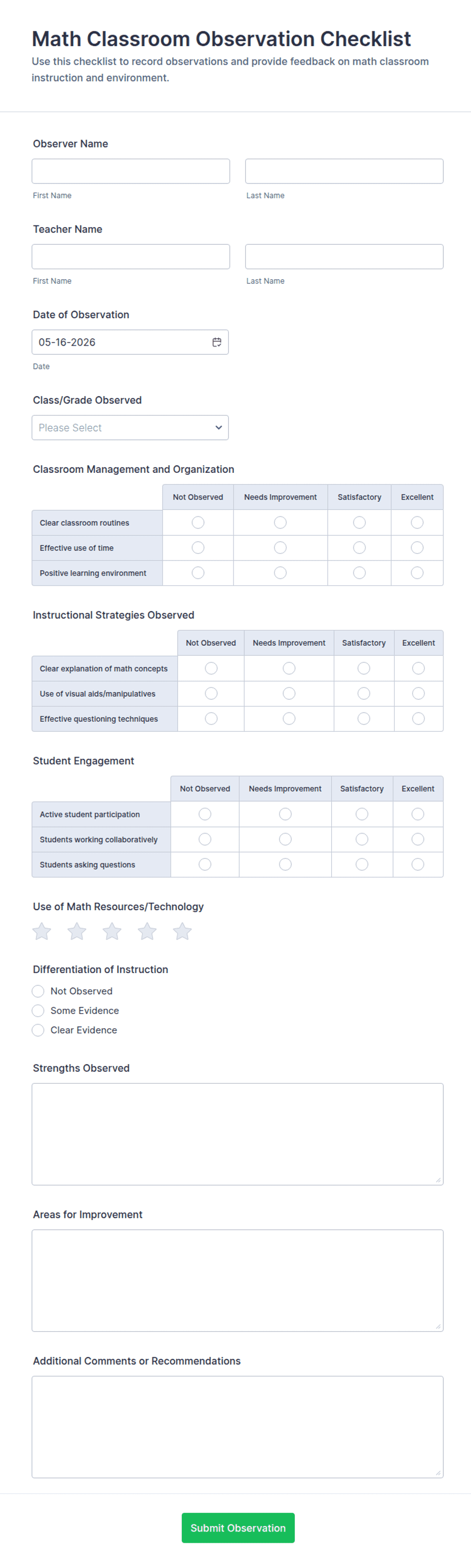 Math Lesson Observation Examples Math Classroom Observation Checklist Form Template | Jotform
