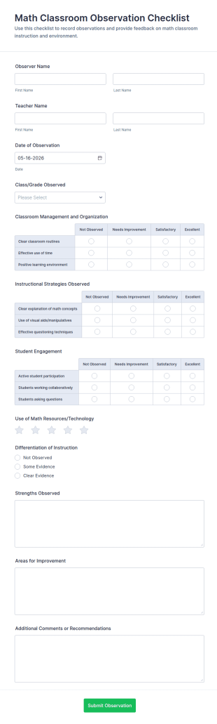 Math Classroom Observation Checklist Form Template