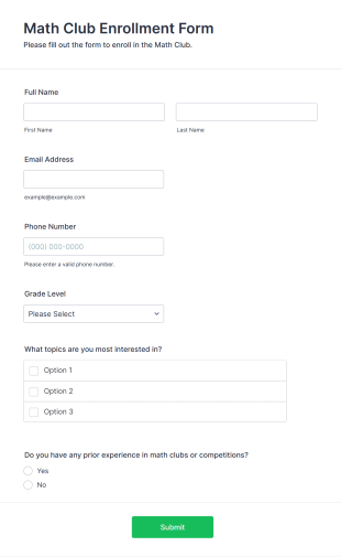 Math Club Enrollment Form Form Template