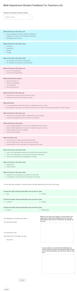 Math Department Student Feedback For Teachers Form Template