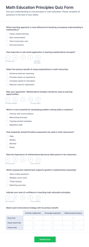 Math Education Principles Quiz Form Template
