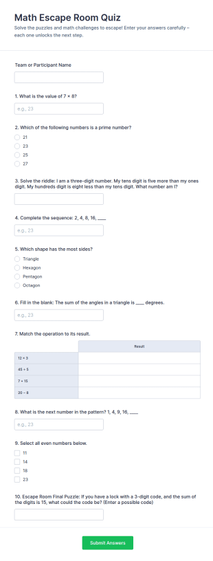 Math Escape Room Quiz Form Template