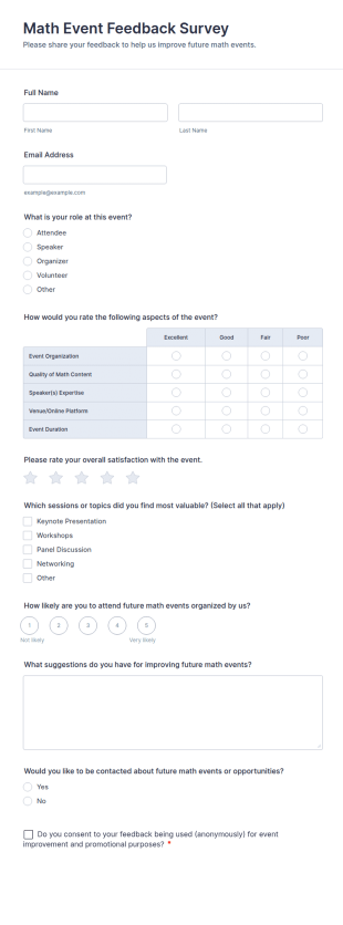 Math Event Feedback Survey Form Template