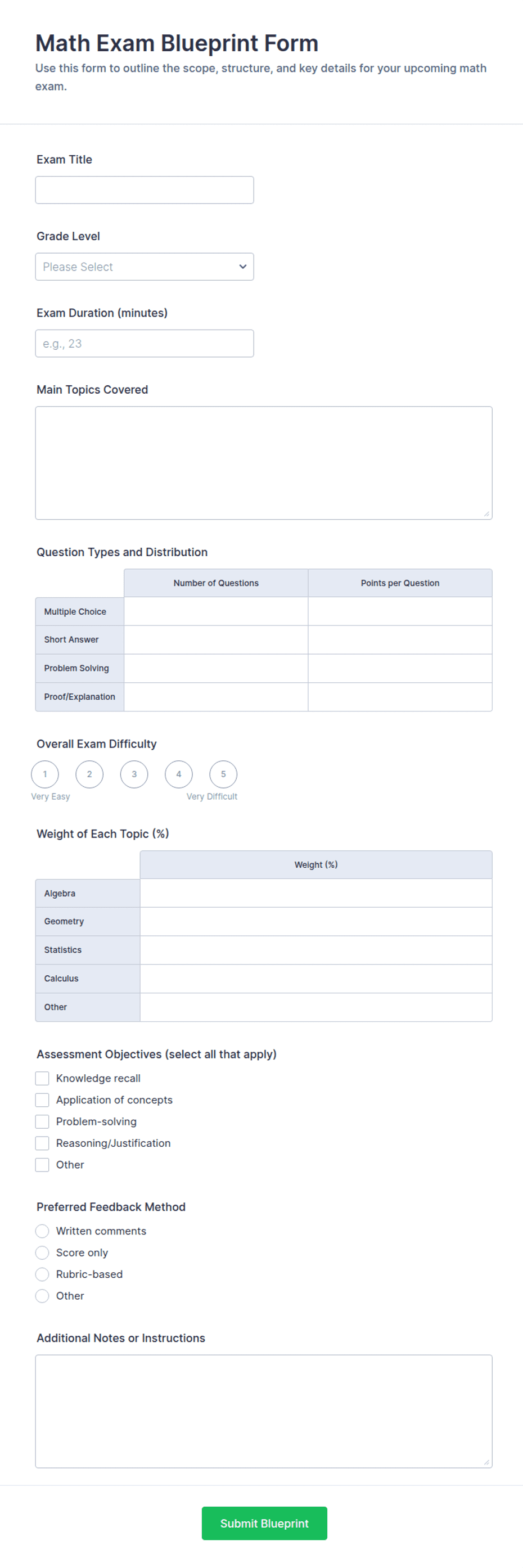 Math Exam Blueprint Form Template | Jotform