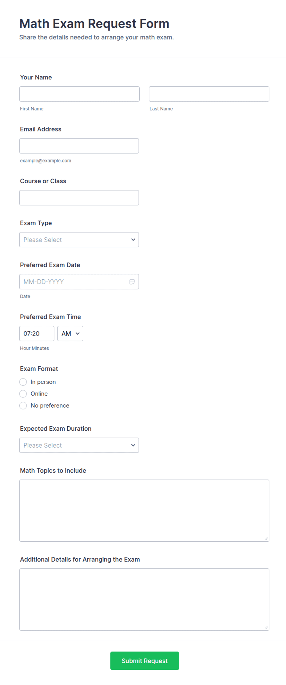 Math Exam Request Form Template | Jotform