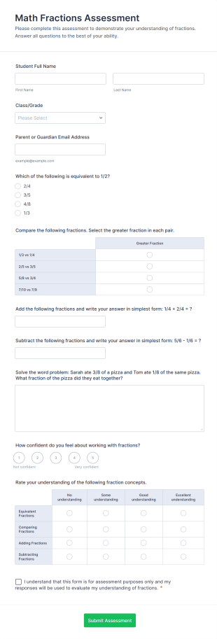 Math Fractions Assessment Form Template