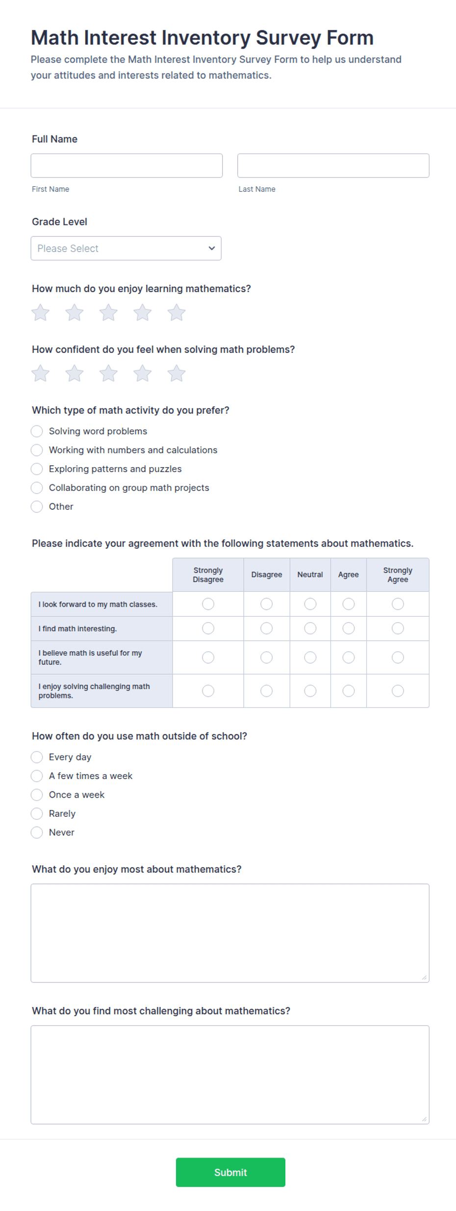 Math Interest Inventory Survey Form Template | Jotform