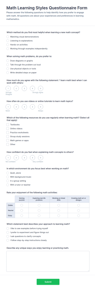 Math Learning Styles Questionnaire Form Template
