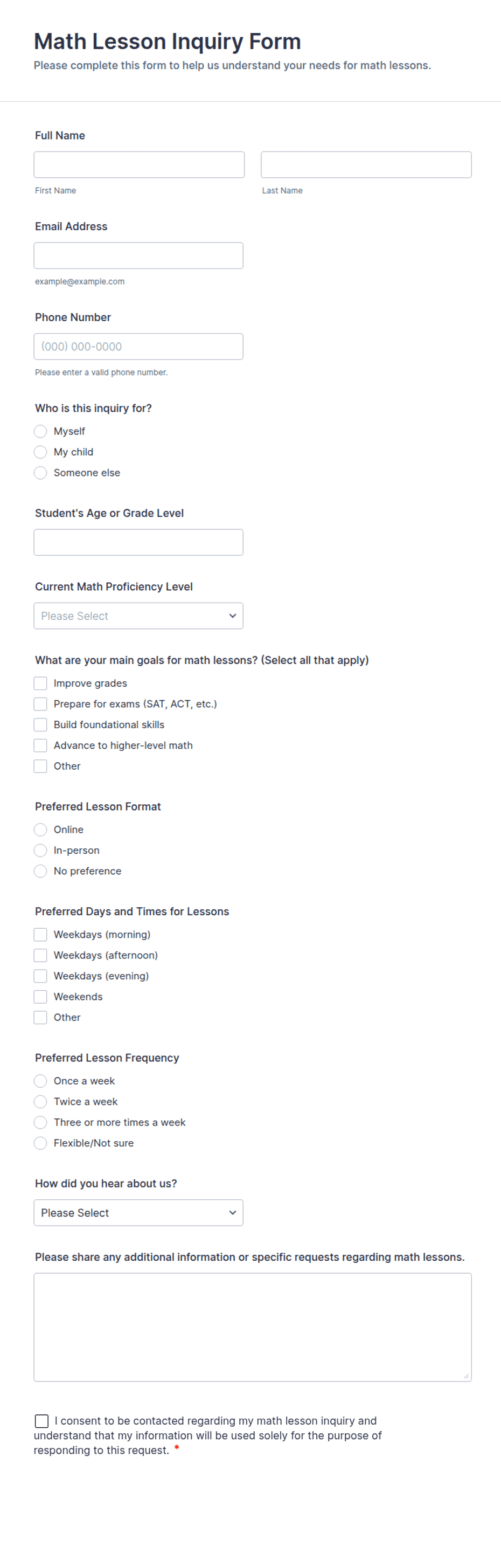 Math Lesson Inquiry Form Template | Jotform