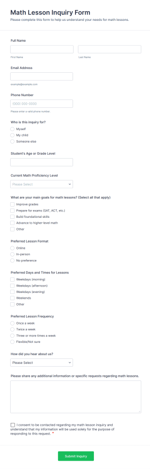 Math Lesson Inquiry Form Template