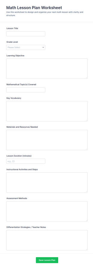Math Lesson Plan Worksheet Form Template