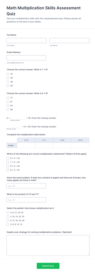 Math Multiplication Skills Assessment Quiz Form Template