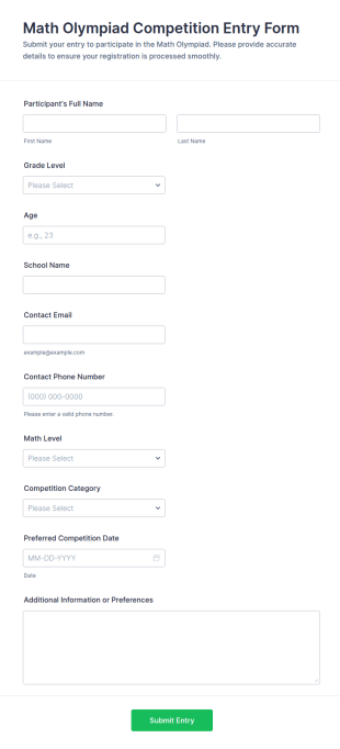 Math Olympiad Competition Entry Form Template