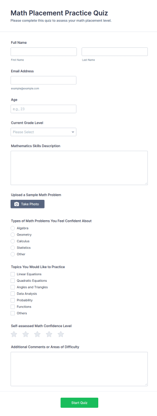 Math Placement Practice Quiz Form Template