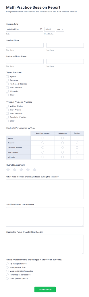 Math Practice Session Report Form Template