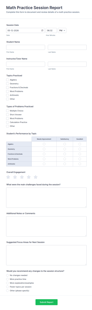 Math Practice Session Report Form Template