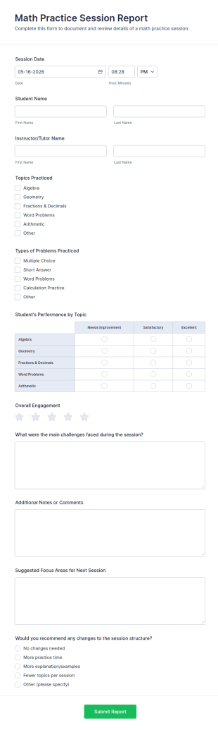 Math Practice Session Report Form Template