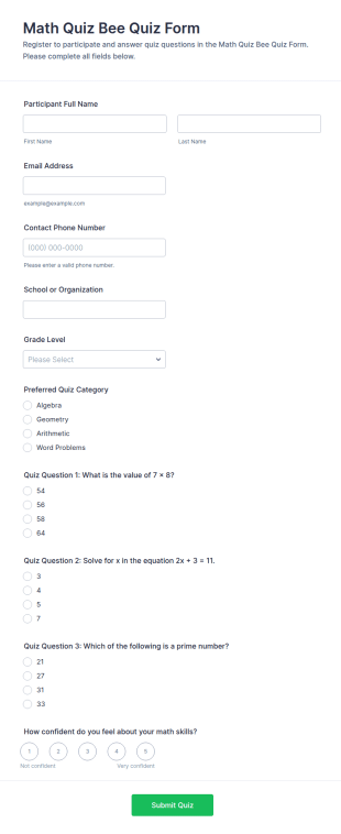 Math Quiz Bee Quiz Form Template