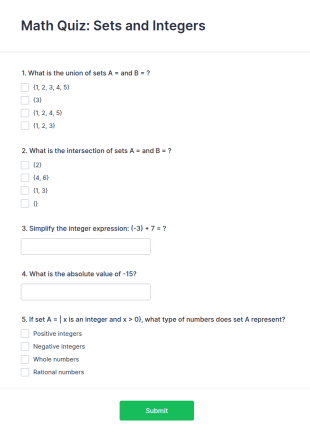 Math Quiz On Sets And Integers Form Template